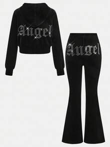 SHEIN Glowzi Teen Girl Velvet Rhinestone Zip-Up Hoodie Top And Slim Flare Pants Casual Elegant 2 Pieces Set, Suitable For Halloween, Loungewear, And Everyday Wear Fall Winter Outfits 2 Piece Set Girls Two Piece Set Black