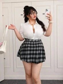 CovetEZ 大码休闲纯色泡泡袖收腰衬衫 - 白色 - 查看 5