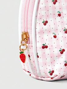 ROMWE Kawaii 1 件白色蕾丝和波尔卡圆点樱桃图案大容量便携式半圆形化妆包