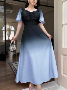 Modelyn 女式黑色和粉色渐变色蝙蝠印花褶饰短袖甜美法式夏装 - 藍色 - 查看 3