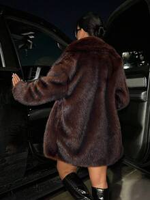 SHEIN SXY 女士仿皮草大衣，秋冬保暖户外休闲装 - 摩卡棕 - 查看 2