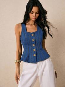 Poéselle Nouveauté Tops en denim pour femmes, col carré, bretelles, décoration boucle métallique, volants à la taille au dos, ourlet. Vêtements d'automne, tops en denim bleu foncé. Élégant à la française, mode de rue, porter au quotidien, idéal pour les voyages