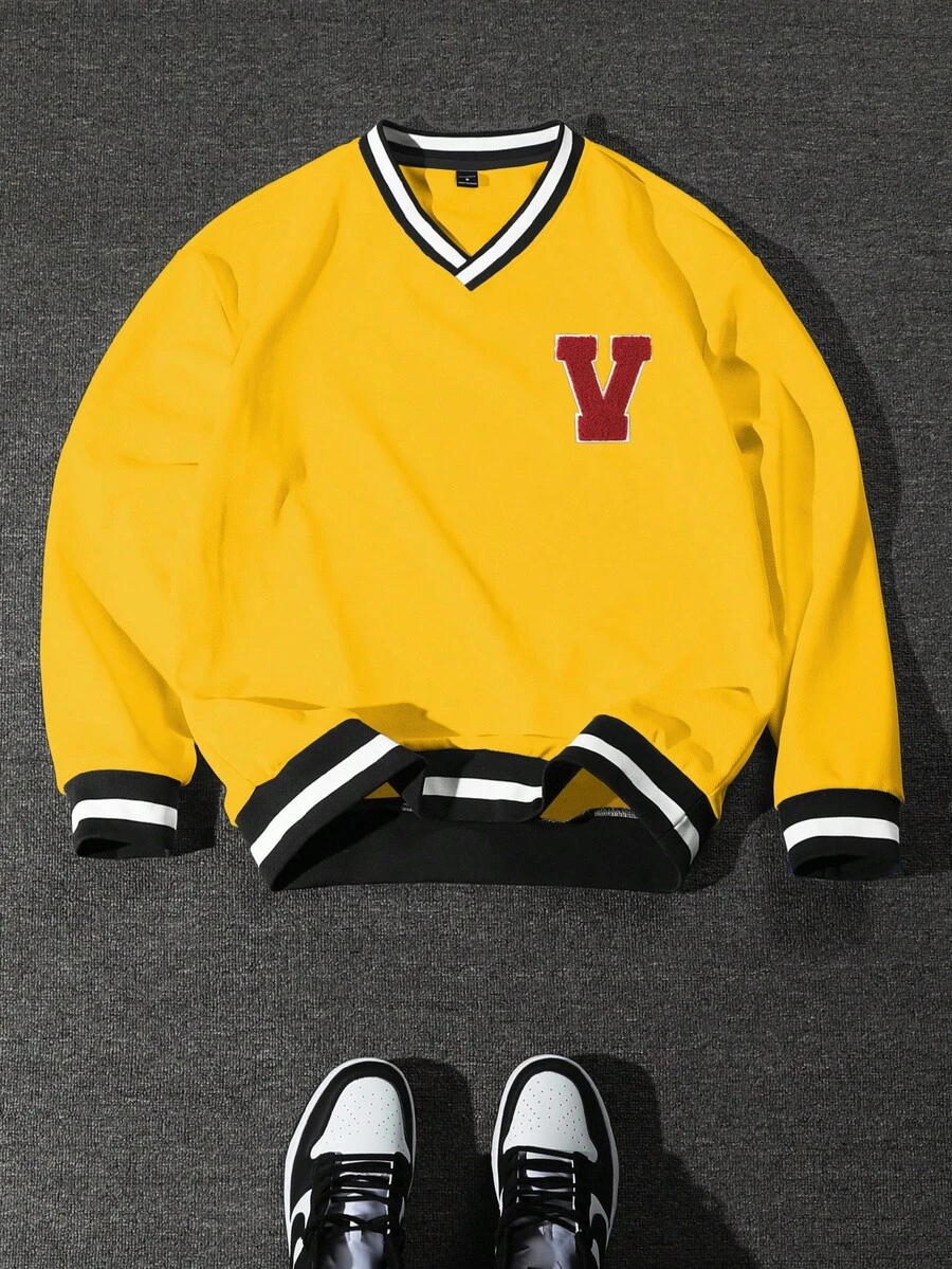 Manfinity Campus Court 男士休闲宽松V领卫衣，秋季长袖上衣 - 黃色 - 查看 1