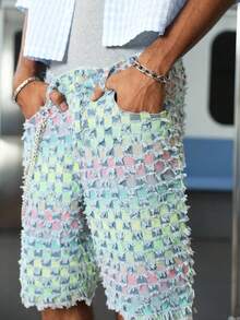 PAVTROS Men's Summer Fashion Street Gradient Slant Pocket Frayed Hem Wide Leg Denim Shorts - Light Wash - View 3