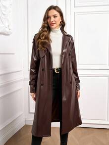 Ellevyn Fashionable Angola Red PU Leather Lined Long Windbreaker, Autumn/Winter,Fall - Burgundy - View 3