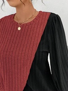 EMERY ROSE 加大码圆领长袖柔软针织条纹拼色不对称拼接上衣和柔软针织条纹直筒裤休闲家居服两件套 - 彩色 - 查看 8