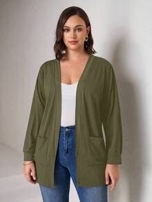 Chikora Áo khoác cardigan dáng rộng màu đen có túi cỡ lớn, dành cho nữ công sở - Màu xanh Bạc hà - Xem 4