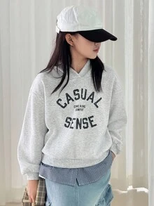 Dazy Kids 少女圆领保暖字母卫衣，秋季款 - 灰色 - 查看 6