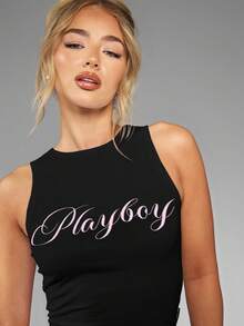 Missguided x Playboy 纯棉无袖露背短款上衣，饰有字母Logo设计，高领背心，适合夜店、晚宴、派对、休闲、节日等场合，夏季穿着。 - 黑色 - 查看 6