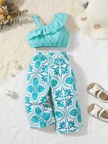 女婴不对称领口荷叶边上衣和植物印花裤套装 - 青碧色 - 查看 1