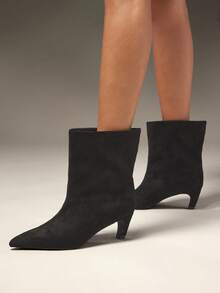 SHUZIA Fashionable Women's Black Faux Suede Low Kitten Heel Pointed Toe Bootie Slip-On Pointed Toe Comfort Fall Winter Holiday Shoe - Black - View 4