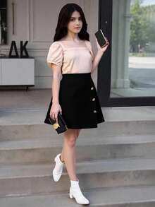 Tween Girl Puff Sleeve Top And Skirt Set - Black - View 5