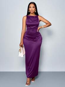 SOLERSUN Đầm dự tiệc không tay cổ xếp nếp màu trơn thanh lịch dành cho nữ, hoàn hảo cho các buổi tiệc - Màu tím - Xem 3