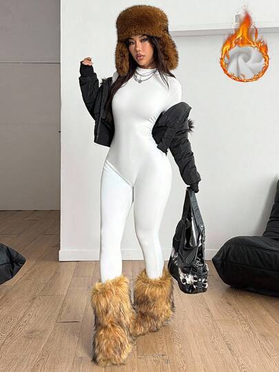 Coolane Women's Winter Streetwear Going Out Basic Athleisure Sportswear Warm/ Cold Weather/ Thermal Stretchy Comfortable Long Sleeve High Neck White Ski Wear Romper