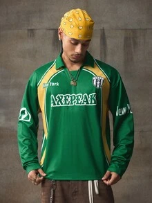 AXEPEAK Men's Fashionable Printed Turndown Collar Long Sleeve Polo Shirt, Fall