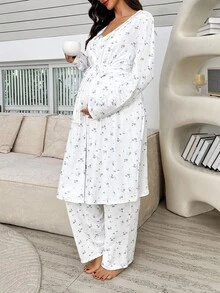 SHEIN 3pcs Maternity Sleepwear Set: Ditsy Floral Cami Top, Pants, And Robe Maternity Lounge Set, Winter