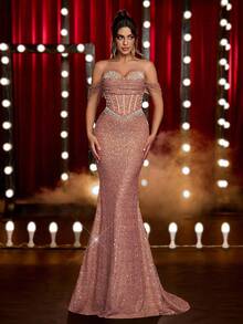 Glamrae Elegant Luxurious Champagne Elastic Beaded Sequin Ruched Mermaid Skirt, Suitable For Weddings, Parties, Vacations, Galas, Formal Occasions (Heavy Embellished) - Champagne - View 8