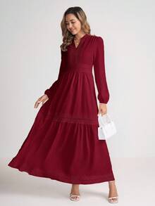 Gownix Women's Woven Jacquard Texture V-Neck Ruffle Hem Lace Trim Summer Dress - Burgundy - View 2