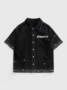 ROMWE MEN Goth Herren Streetwear Mode Hemd mit Buchstaben-Muster und Strass-Verzierung, Kurzarm Denim-Optik - Schwarz - Übersicht 2