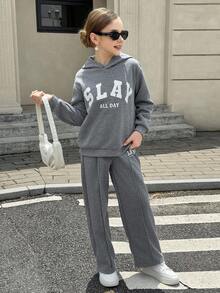 SHEIN Tween Girl Letter Print Drop Shoulder Long Sleeve Hoodie And Sweatpants Casual Outfit, Autumn Fall Winter