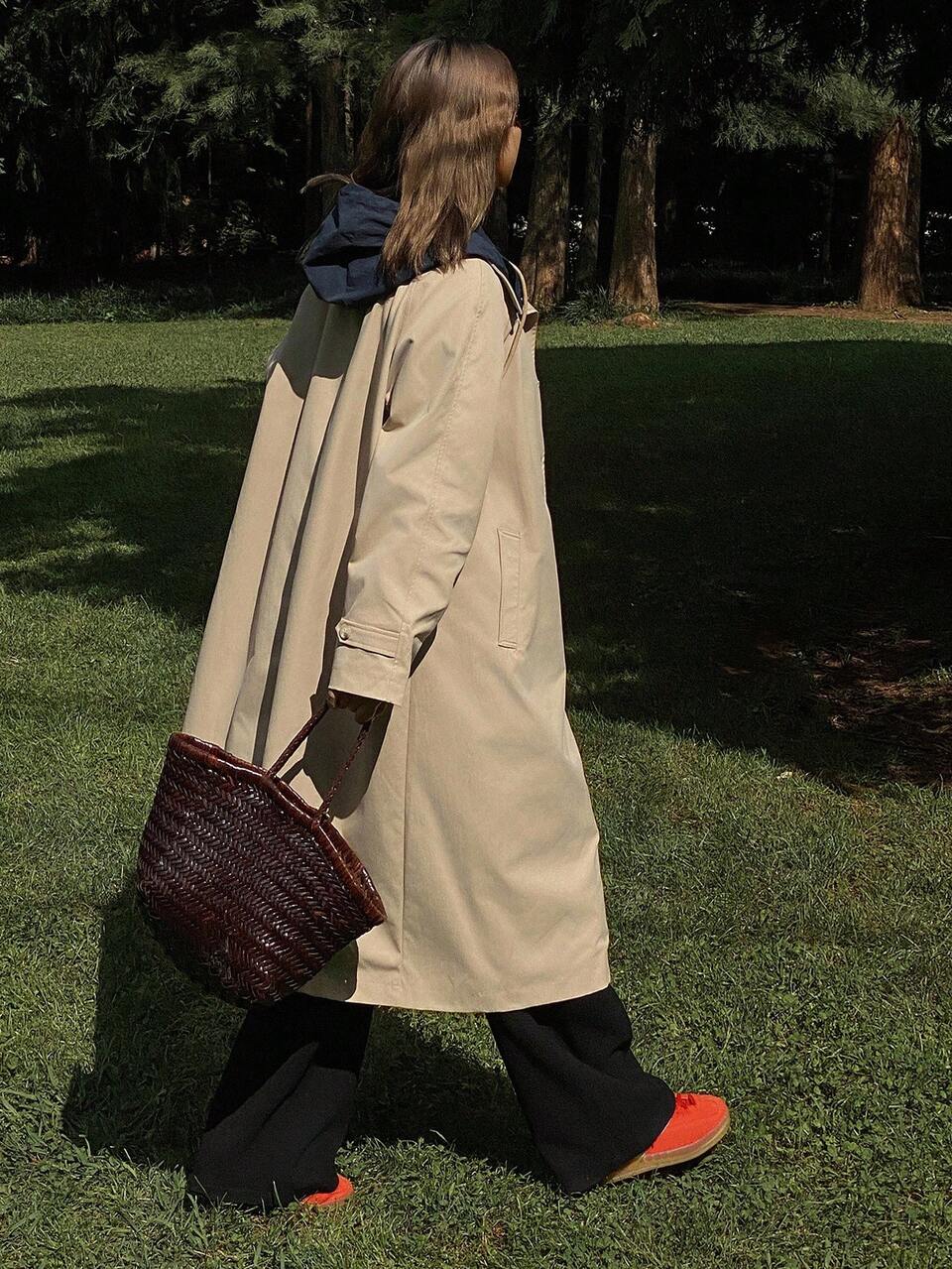 Color Block Hooded Loose Long Sleeve Long Pocket Casual Street Style Women Trench Coat, Autumn/Winter Vacation