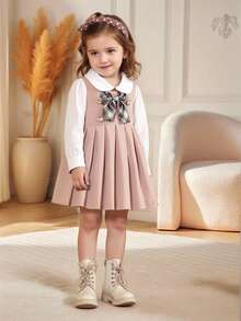 SHEIN 1pc Baby Girl Pleated Dress, Baby Girl's Woven Comfortable Khaki Long Sleeve Dress With Bow And Button Decor, Fresh And Cute Style Suitable For Autumn, Loose Fit, Suitable For Various Occasions Like Vacation, Travel, Daily Wear Fall Winter - Khaki - View 1