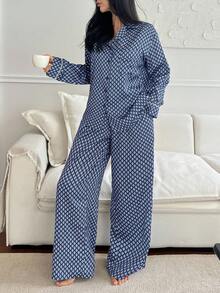 DAZY Geometric Floral Print Satin Women Pajama Set, Fall Winter Clothes - Blue - View 6