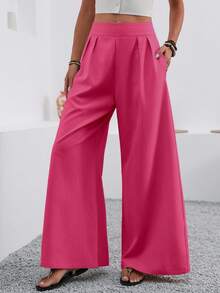 EMERY ROSE 女士纯色高腰褶皱口袋阔腿宽松休闲裤 - 玫紅色 - 查看 4