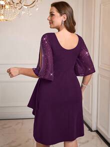 Gownix Plus Size Women's Rhinestone Embellished Split Sleeve Party Dress - Purple - View 2