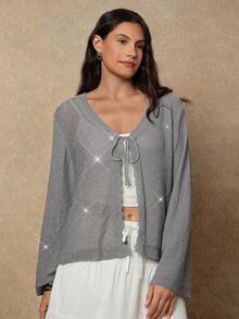 SHEIN VCAY Plus Size Fashionable Commuter Sequin Tie Cardigan Autumn Winter Clothes For Women - Grey - View 3