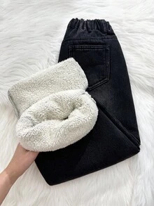 SHEIN 青少年女孩時尚黑色冬季休閒校園寬鬆牛仔褲，保暖內裡丹寧秋季長褲 - 黑色 - 查看 4