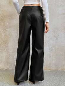 Sweetra 女式修身休闲PU喇叭裤，秋冬 - 黑色 - 查看 2