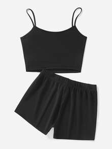 Slaydiva 休闲樱桃印花吊带背心和短裤两件套紧身装，适合夏季 - 黑色 - 查看 4