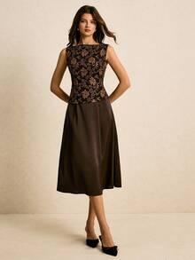 Poéselle 女士时尚复古无袖上衣和裙子两件套 - 棕色 - 查看 7