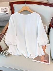 GlowEve CURVE Plus Solid V Neck Flounce Sleeve Blouse - White - View 2