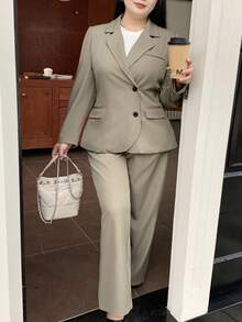 Dazy Plus Plus Size Women Business Casual Suit Set - Solid Color Lapel Asymmetric Placket Cardigan Jacket & Loose Fit Pants Fall/Winter