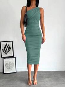 EURMUSE Women's Minimalist Solid Color Pleated Asymmetric Neck Midi Dress - Mint Green - View 3