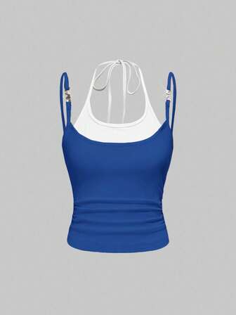 Canotta sexy Y2K con pendente metallico 2 in 1 con spalline sottili