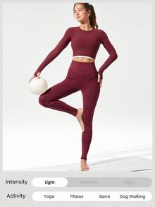GLOWMODE 28" FeatherFit™-Warm High Waist Leggings With Side Pockets Low Impact Yoga Pilates Daily Autumn Winter - Burgundy - View 6