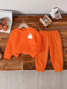 2 件套女婴万圣节南瓜和蝴蝶结图案圆领长袖运动衫和裤子套装，适合秋冬穿着 - 橘色 - 查看 5