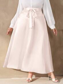 SHEIN Clasi Plus Size Satin Apricot Maxi Skirt: Elegant High-Waisted Semi-Sheer Woven Long Skirt With Tie Detail For Casual Style - Apricot - View 10