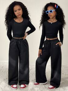 Coolane Tween Girls Four Seasons 2pcs/Set Round Neck Solid Color Fitted Long Sleeve Top And Pants Fall Winter - Black - View 1