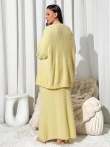 Auralis Plus Size Women Solid Color Long Sleeve Single-Breasted Knitted Cardigan And Knitted A-Line Skirt Casual Suit, Yellow Plus Size Spring - Yellow - View 3