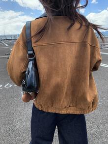 DAZY 女士PU拼接撞色宽松仿麂皮常规款夹克秋冬女装外套 - 棕色 - 查看 5