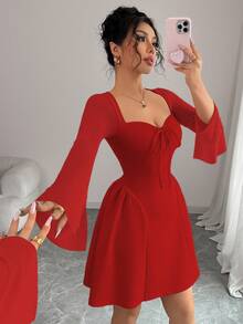 Elenzga Đầm nữ mới thiết kế xếp nếp bên hông bằng lưới trong suốt có cổ nơ, xòe dáng chữ A, thắt eo gợi cảm, sang trọng, thanh lịch, đa năng - Đỏ - Xem 6