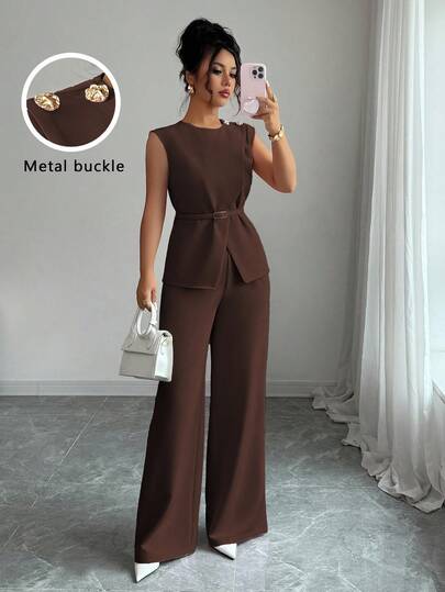 Elenzga Women's Elegant Office Commute Casual Afternoon Tea Party Outfit, Collared Waist Metal Buckle Adjustable Shoulder Metal Buckle Decor Asymmetric Hem Layered Shirt Paired With Loose Wide Leg Pants, 2 Pieces Set