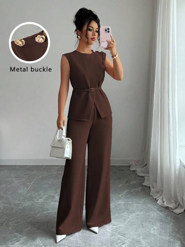 Elenzga Women's Elegant Office Commute Casual Afternoon Tea Party Outfit, Collared Waist Metal Buckle Adjustable Shoulder Metal Buckle Decor Asymmetric Hem Layered Shirt Paired With Loose Wide Leg Pants, 2 Pieces Set