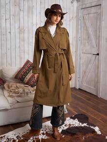 女士复古经典双排扣翻领系腰休闲中长款风衣，LanaWest - 棕色 - 查看 7
