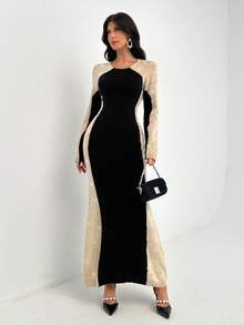 Chiquease Abito maglione elegante e sottile a maniche lunghe con cuciture a contrasto nero e albicocca, stile blogger europei e americani, con lustrini, adatto per l'autunno, per uscire, per l'ufficio e per il tempo libero - Multicolore - Visualizzare 7