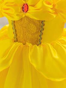 Glamorique Kids 女婴公主薄纱连衣裙，黄色网纱公主裙，蕾丝，红色宝石，派对礼服，红色3D玫瑰，优雅派对礼服，生日派对，婚礼节日礼服，中东，欧洲 - 黃色 - 查看 6